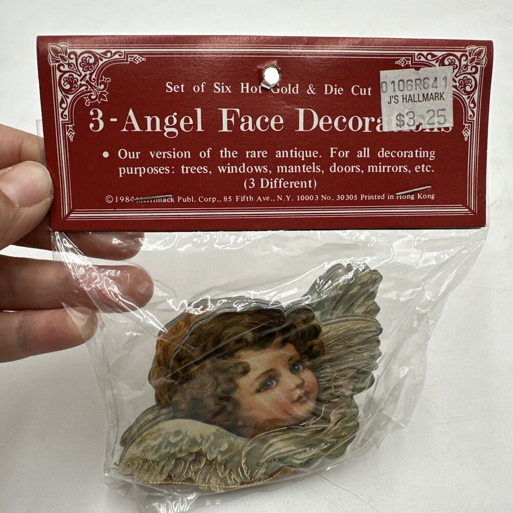 Set Of 6 Merrimack Vintage Angel Face Gold Die Cut Decoration Ornaments 1984 NIP